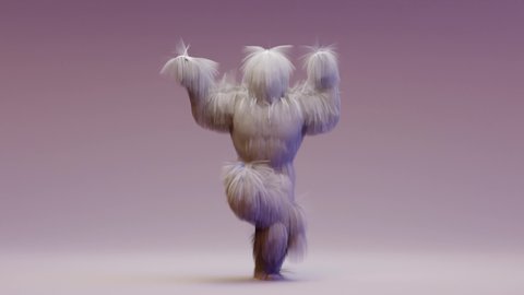 Hairy Monster Dancing clip isolated on the white background. fur bright funny fluffy character, fur, full hair, snowman, 3d render. Sneaking out.