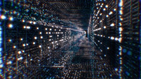 Motion graphic 4K flying into digital technologic tunnel.3D Big Data Digital tunnel square with futuristic matrix. Binary code particles network. Technological and connection motion background.