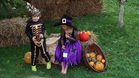 Halloween children in black and orange Halloween costume and hat play with pumpkin in garden or backyard. Kids trick or treat. Boy and girl near pumpkins. Family fun in fall. Dressed up child