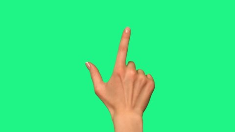 Gestures pack. Female hand touching, clicking, tapping, sliding, dragging and swiping on chroma key green screen background. Using a smartphone, tablet pc or a touchscreen. Interface concept.