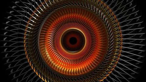 3d video loop of abstract art with surreal 3d machinery industrial turbine jet engine, wheel or circular saw in spherical spiral twisted shape with sharp fractal blades in glowing red and black metal