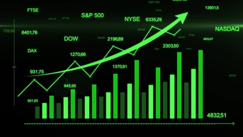 Futuristic fast growing arrow on financial graph. Stock exchange market trading chart. Digital business graph on black background. 3D animation of business diagram with green rising arrow