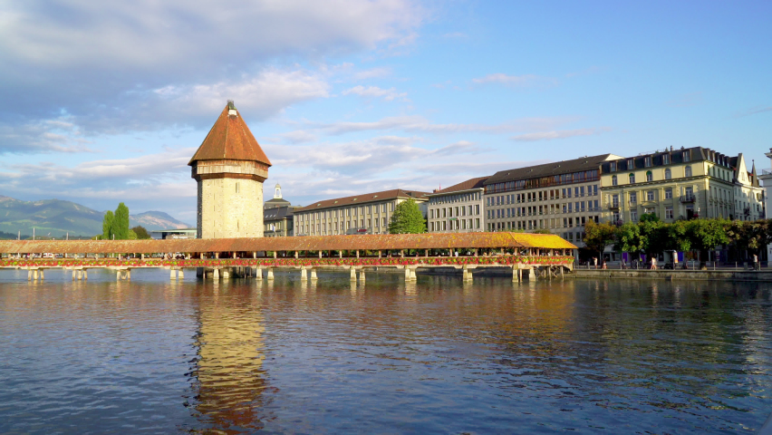 Lucerne with Chapel Bridge and lake in Switzerland