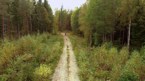 Motorcyclist driving towards the camera on a small gravel road in the forest. No cameraements, filmed in 4K.