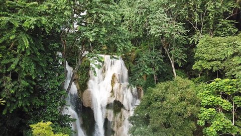 Divine Waterfall Deep in Jungle and Colorful Aerial Scenery, Kuang Si Falls, Luang Prabang, Laos