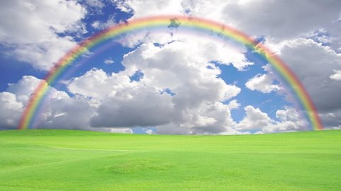 Time lapse 4K. Footage, Green grass field and blue sky and rainbow with bright sun summer landscape background