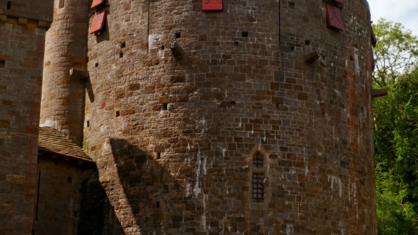 Close-up view of Castell Coch, a 19th-century Gothic Revival castle built above the village of Tongwynlais in South Wales, UK