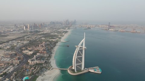 Aerial view of Burj Al Arab, Luxury 7 star hotel - Dubai, UAE - Aug, 2020
