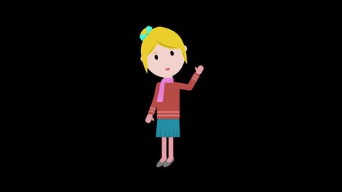 Cartoon animation cute girl waving hand in alpha channel, transparent background.