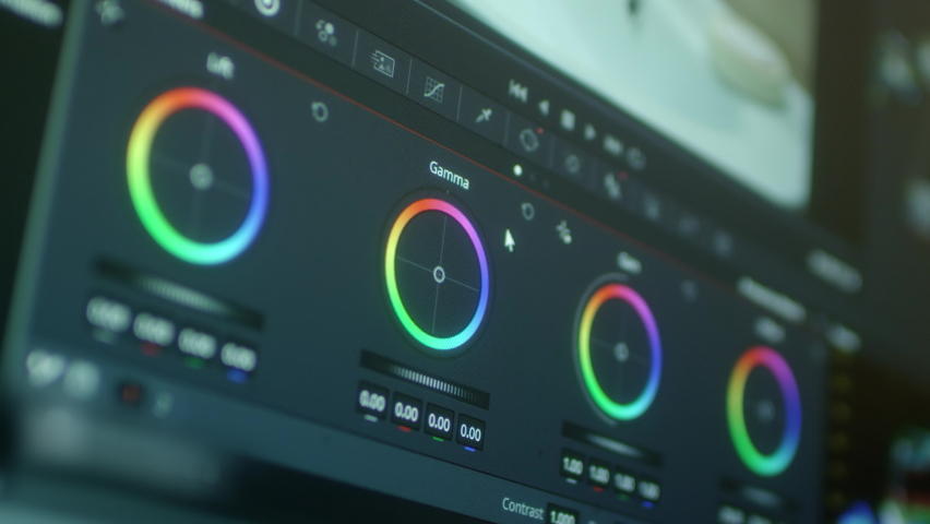 4K Color Correction Post Production video or photo in Progress Closeup. A program for video processing, color correction. Color rings, macro. | Shutterstock HD Video #1059904829