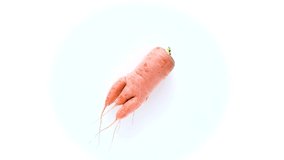 Ugly carrot rotate on a white background. Funny, unnormal vegetable or food waste concept. Horizontal orientation top view