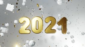 New year and Christmas 2021. Movable gold inscription 2021 on a white background with gold confetti, Christmas balls, gift boxes. 3D 4K loop animation. 
Watch new videos in my collections