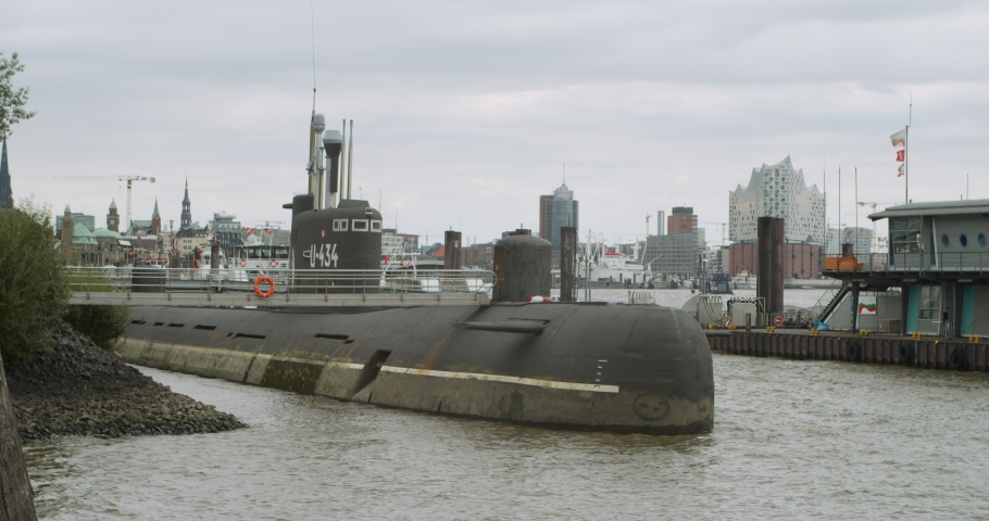 Russian submarine from the Second World War is in the port of Hamburg. Germany. The submarine is used as a museum and is visited by tourists from different countries.