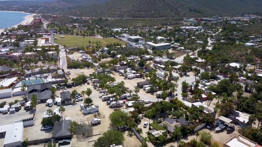 Baja, Mexico - Tropical Beachside Coastal Town in Touristic Part of California Sur, Aerial Drone Flyover