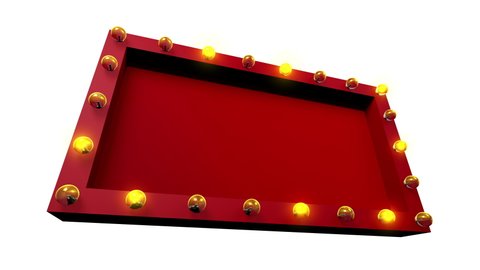 Red 3d Cinema or theater sign mock up with yellow light bulbs flashing on around the object with blank empty space, front side view, seamless looping animation, isolated on white background.