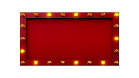 Red 3d Cinema or theater sign mock up with yellow light bulbs flashing on around the object with blank empty space, front side view shot, seamless looping animation, isolated on white background.