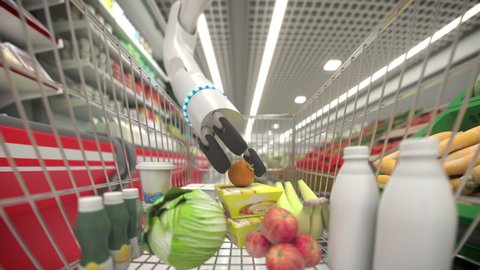 Hand robot buys food and puts them in the basket. 4k