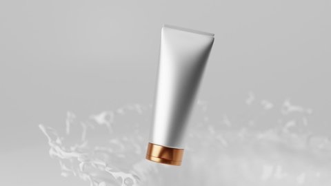 Realistic 3D animation, cream, lotion, cosmetic packaging for face and hands in plastic white empty tube with gold cap on white background in milk drops and splashes. Premium product promotion