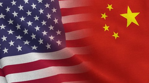 USA China flags waving background. American and Chinese flag flying backdrop. Unites States and People's Republic of China flag waving together.