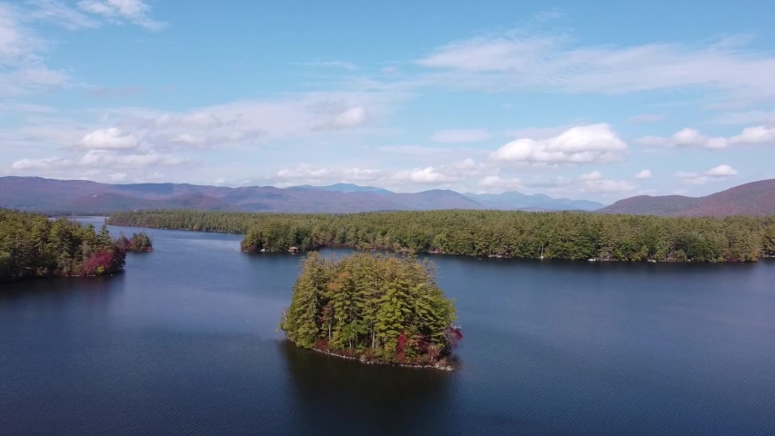 Drone aerial of island in Squam Lake New Hampshire