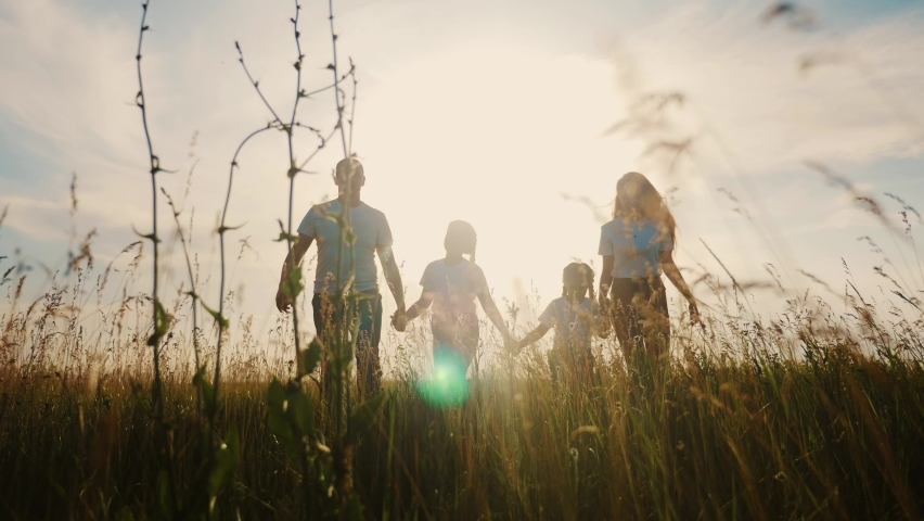 happy family. walk together in the park silhouette. friendly family kid dream concept. lifestyle happy family walk holding hands in the park on the grass at sunset. friendly family dream together Royalty-Free Stock Footage #1059929234