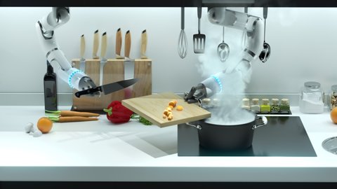 Robo hands are preparing dinner. Cut carrots, throw them into boiling water.