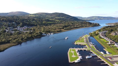 Aerial view over Killaloe and Ballina. A glorious location on the banks of the River Shannon. Two heritage towns situated on the south end of Lough Derg. Killaloe, Co Clare and Ballina, Co Tipperary