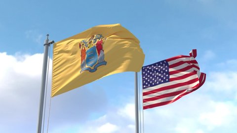 New Jersey and USA Flags on a flagpole realistic wave on wind. The State of New Jersey in The United States of America. Trenton. Luma Mattes for background cutting