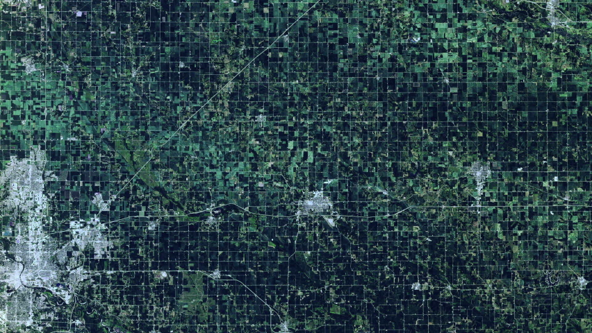 Rural landscape pattern of farm green landscape, sunrise animation. Iowa state in United States, images furnished by Nasa
