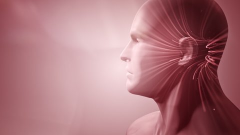 Double exposure of abstract human face with moving of lines for fiber optic network. Magic flickering dots or glowing flying lines. Animation loop.