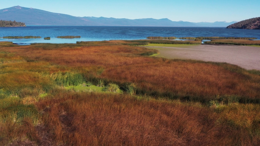 Flying above wetland marsh habitat at the end of Klamath Lake in Southern Oregon