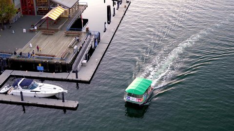 An Aquabus ferry passes through the Granville Island, Downtown Vancouver, Canada, September 2020