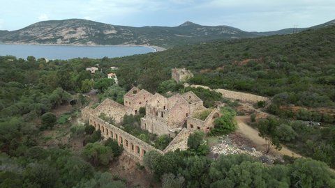 Aerial view of the derelict buildings at an abandoned silver mine at Argentella on the coast of Corsica