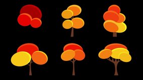 Set of animated different fall plants and trees animation. Oak, aspen, alder, poplar. Vector orange autumn trees Cartoon Trees on black background. Simple design. Vector video in flat style.
