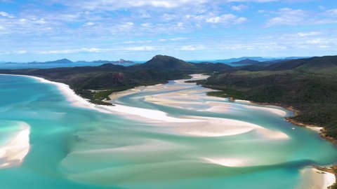 Rising cinematic drone shot of Whitehaven Beach Whitsunday Island Australia