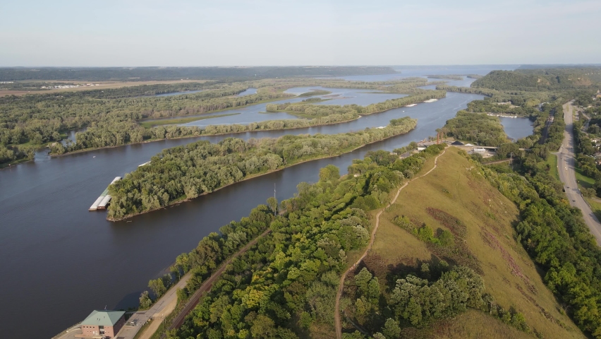 Islands and river in South Minnesota landscape summer time aerial footage