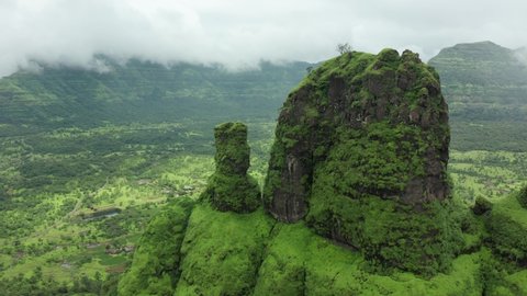 drone approaching a Unique Benevolent Mountains peak of the Sahyadri in the Western ghats