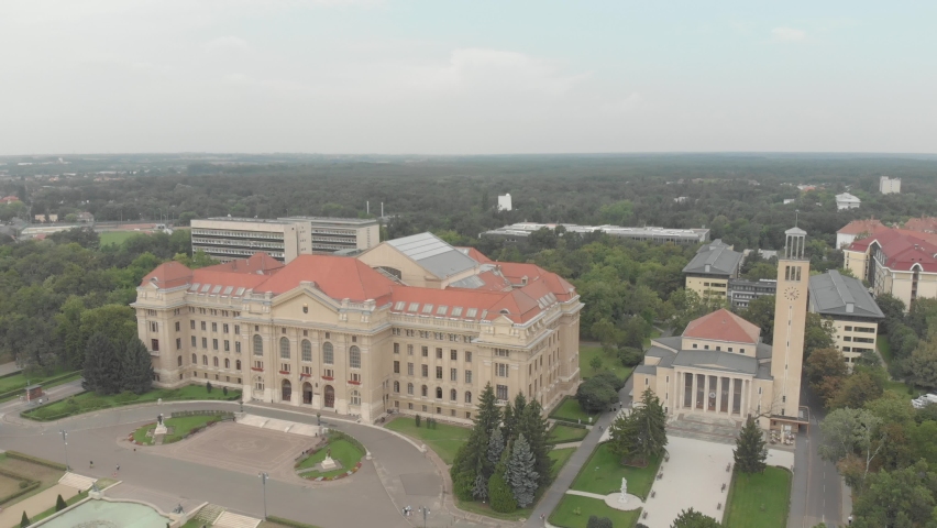 Drone footage of the University of Debrecen. Debrecen, second largest city and a major cultural center of Hungary, located in the Northern Great Plain region also the seat of Hajdú-Bihar county