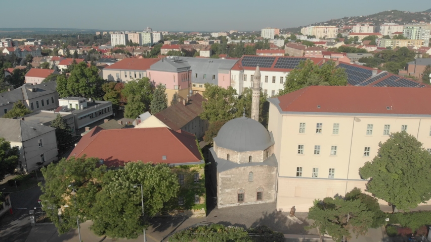 Aerial / drone footage of the Jakovali Hassan Mosque on Pécs, the fifth largest city of Hungary, a major cultural center of Hungary, administrative and economic center of Baranya County