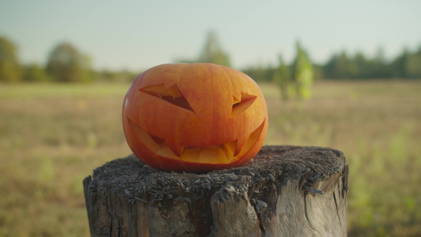 Bloody handled chopping axe smashing spooky carved halloween pumpkin into pieces on wooden stump over rural background. Close-up. Halloween and holidays concept. Royalty-Free Stock Footage #1059966935