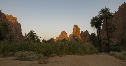 Sunrise time lapse within Wadi Al Disah valley, Tabuk region of Saudi Arabia