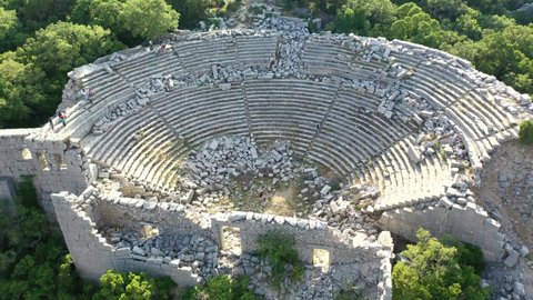 The amphitheatre in Termessos Ancient City. Termessos Pisidia region is an important ancient city founded by Solymos in Milyas section. Aerial view from Drone shooting 4K Video / Antalya-TURKEY