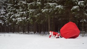 Santa Claus drags huge bag of gifts through snow in forest. - Powered by Shutterstock - Get 15% off with code: PIKWIZARD15