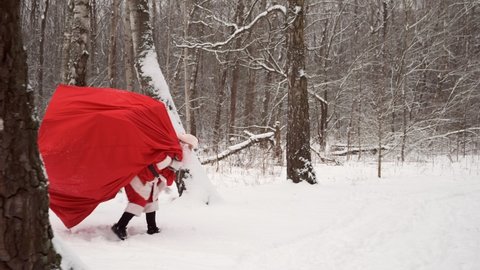 Santa claus with big Christmas or New Year sack of gifts in winter forest.