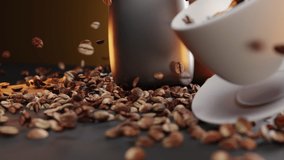 Cup of hot coffee in fall with splash against background of scattered natural roasted coffee beans and two luxurious hermetic packs of coffee in gold and silver colors. 3d animation, promotional video