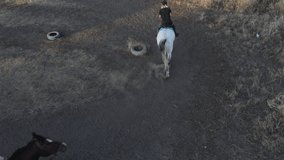 Two horsewomen ride horseback in paddock in equestrian club.