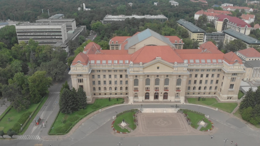 Aerial footage of the University of Debrecen / Debreceni Egyetem in Debrecen, second largest city in Hungary, located in the Northern Great Plain region also the seat of Hajdú-Bihar county