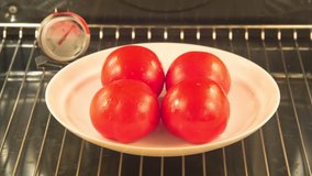 Time lapse video with cooking baking of red tomatoes on white plate in oven with thermometer with alpha matte