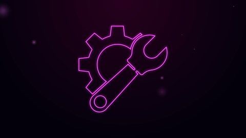 Glowing neon line Wrench spanner and gear icon isolated on purple background. Adjusting, service, setting, maintenance, repair, fixing. 4K Video motion graphic animation