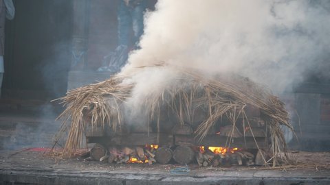 Pashupatinath, Kathmandu, Nepal. 12-15-2019. Close up of body burning at Pashupatinath temple ghats.